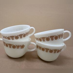 Vintage Pyrex Butterfly Gold Milk Glass Coffee Tea Mugs Set Of 4 70s